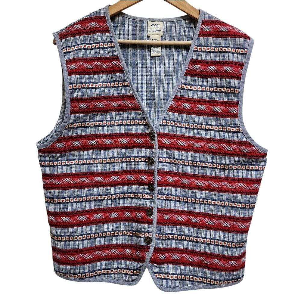Vtg Koret City Blues Women Plaid Stripe Stars Button V Neck Vest Blue Red Sz XL
